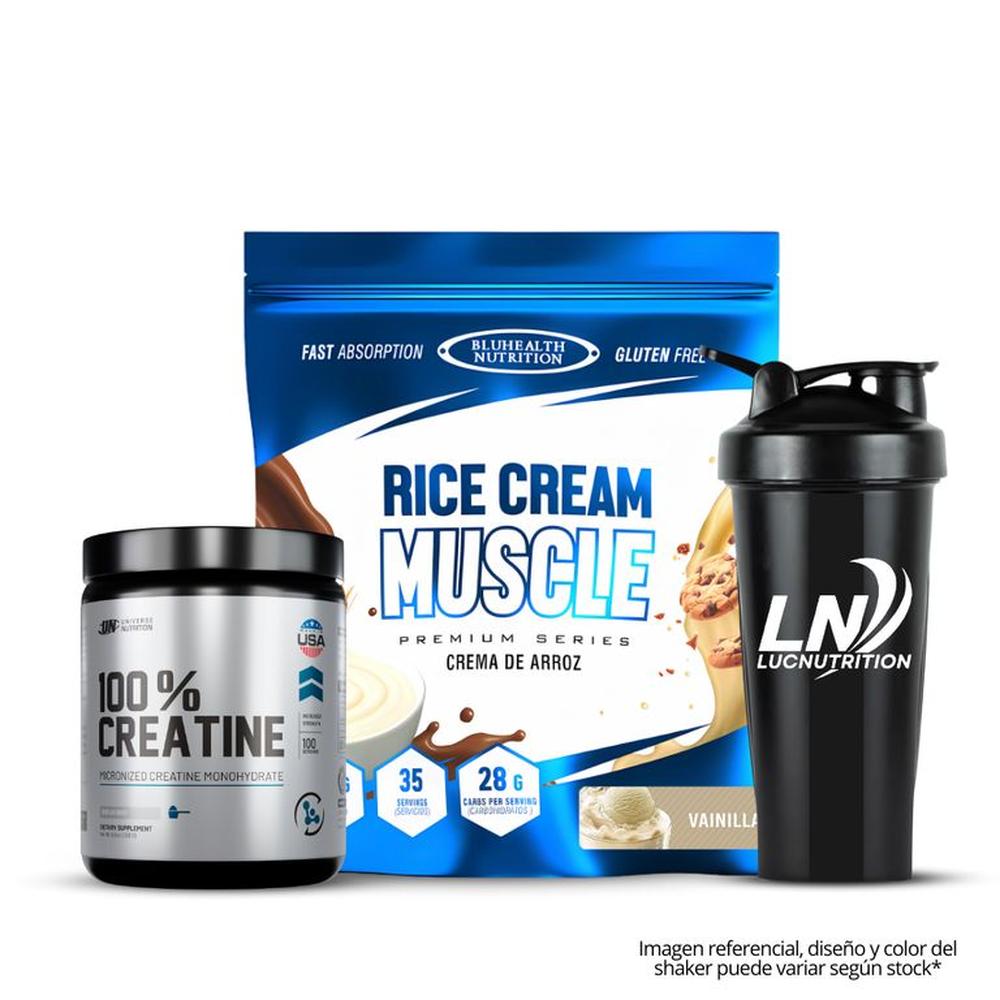 Crema de arroz 1.2 kg Bluhealth Nutrition Vainilla + Creatina Universe nutrition 250 g + shaker