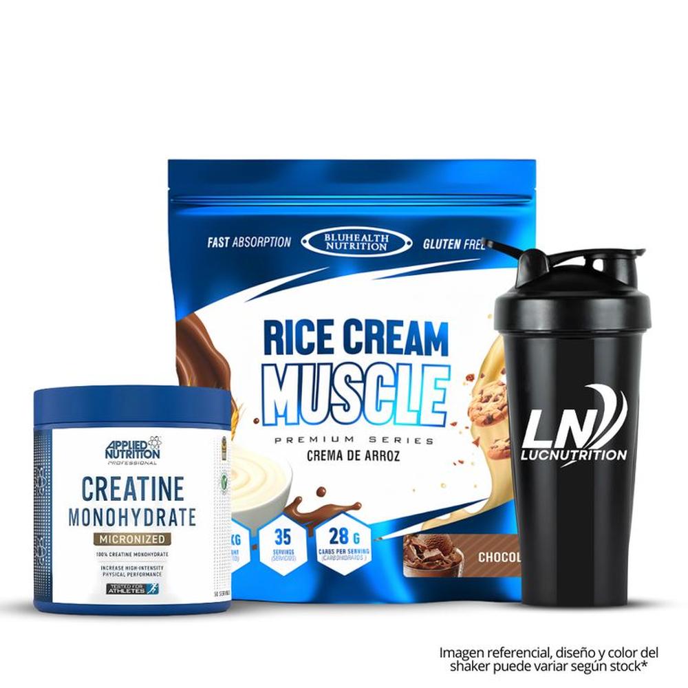 Crema de arroz 1.2 kg Bluhealth Nutrition chocolate+ Creatina applied nutrition 250 g + shaker