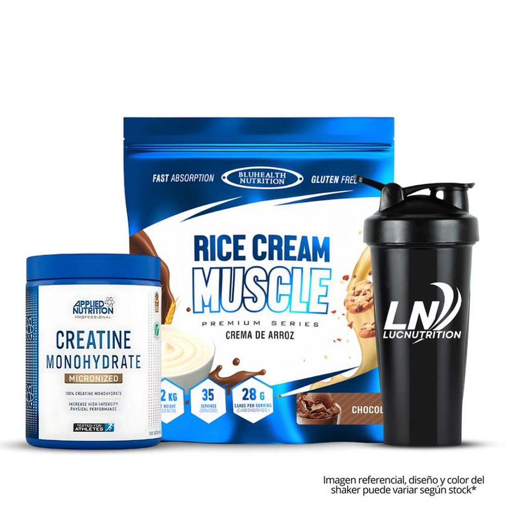Crema de arroz 1.2 kg Bluhealth Nutrition Chocolate + Creatina applied nutrition 500 g + shaker