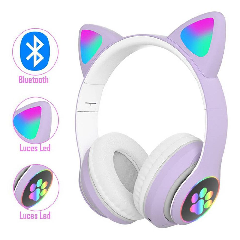 Audífono Bluetooth Gato con Luz Led Lila