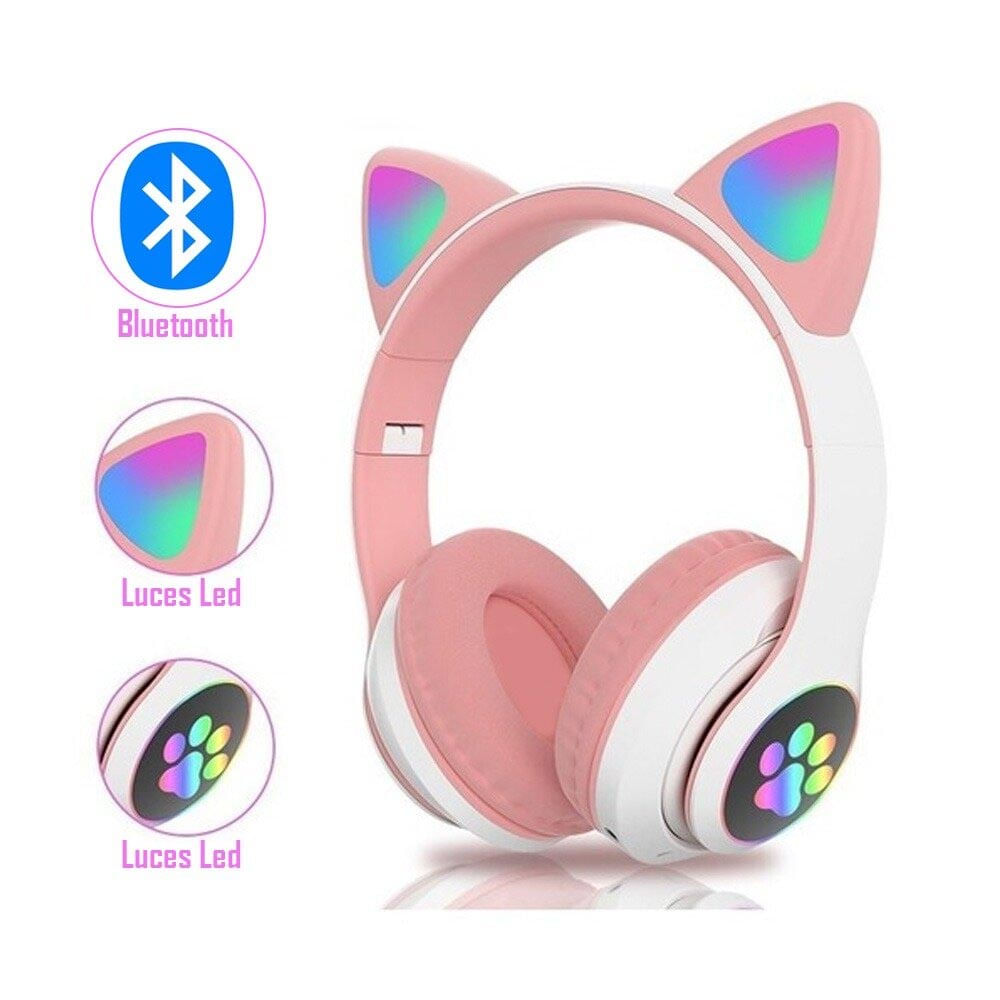 Audífono Bluetooth Gato con Luz Blanco-Rosa