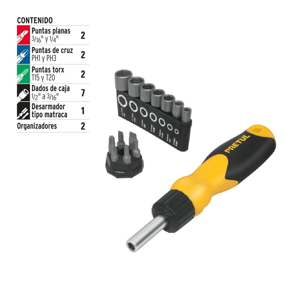 Desarmador Tipo Ratchet con 7 Dados y 6 Puntas 22974 Pretul