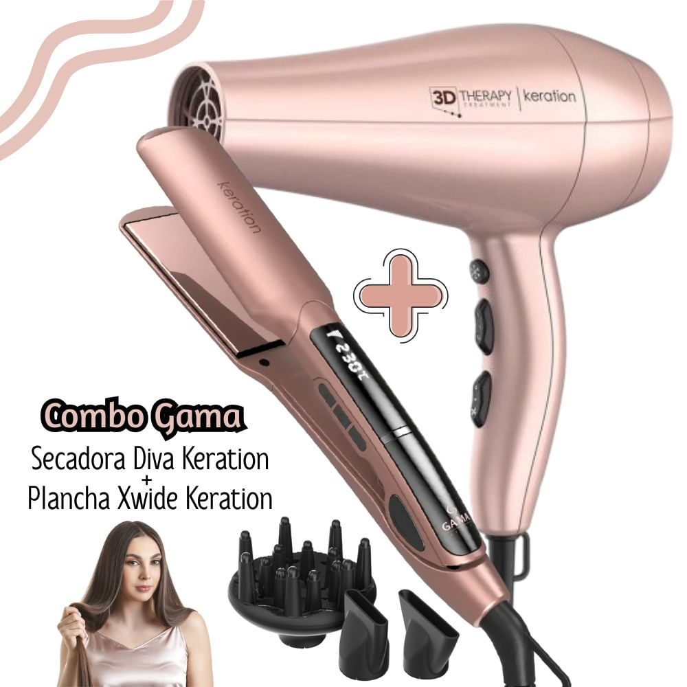 COMBO GAMA PLANCHA KERATION DIGITAL X-WIDE + SECADORA GAMA KERATION THERAPY 3D