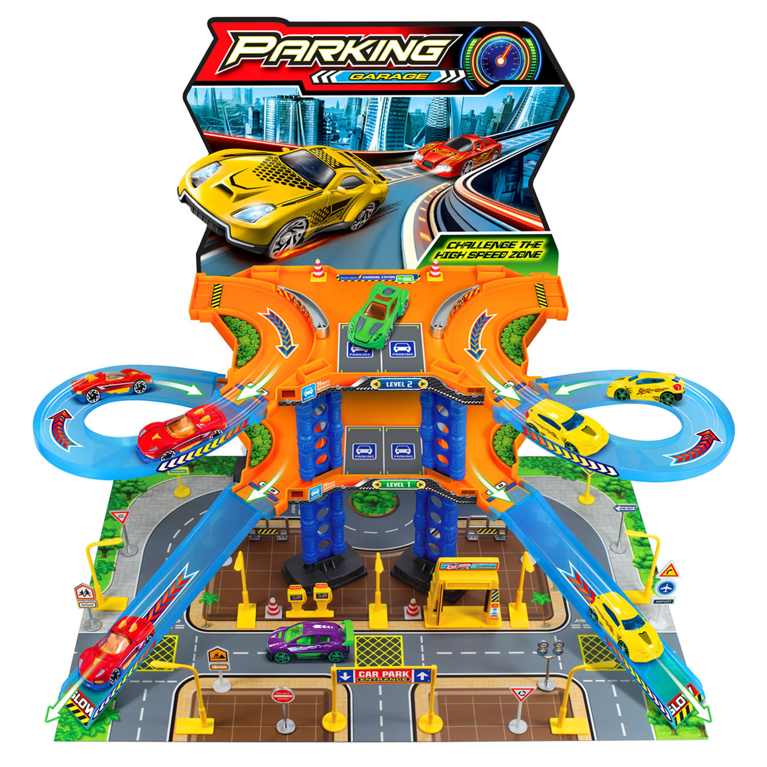 Pista Express Wheels Track And Town Parking Garage 77 Piezas