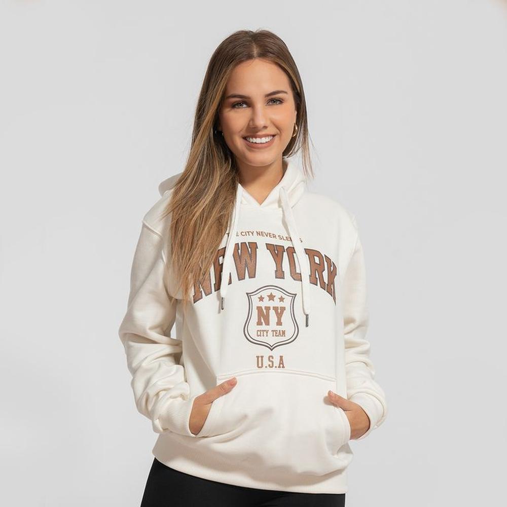 Polera hoddie de algodón afranelado new york crema Arcoi