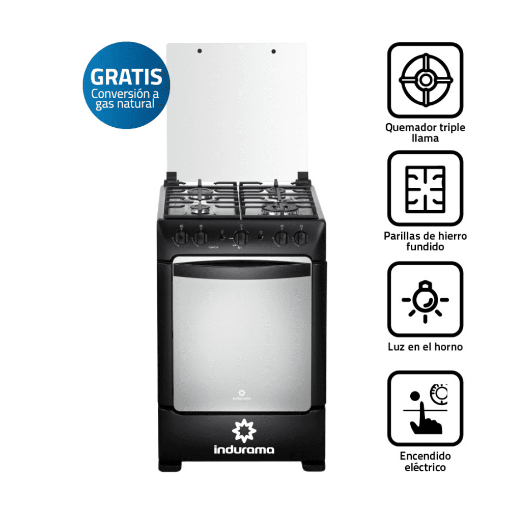 Cocina de Pie a Gas Indurama Pompeya Zafiro 4 Hornillas Negra