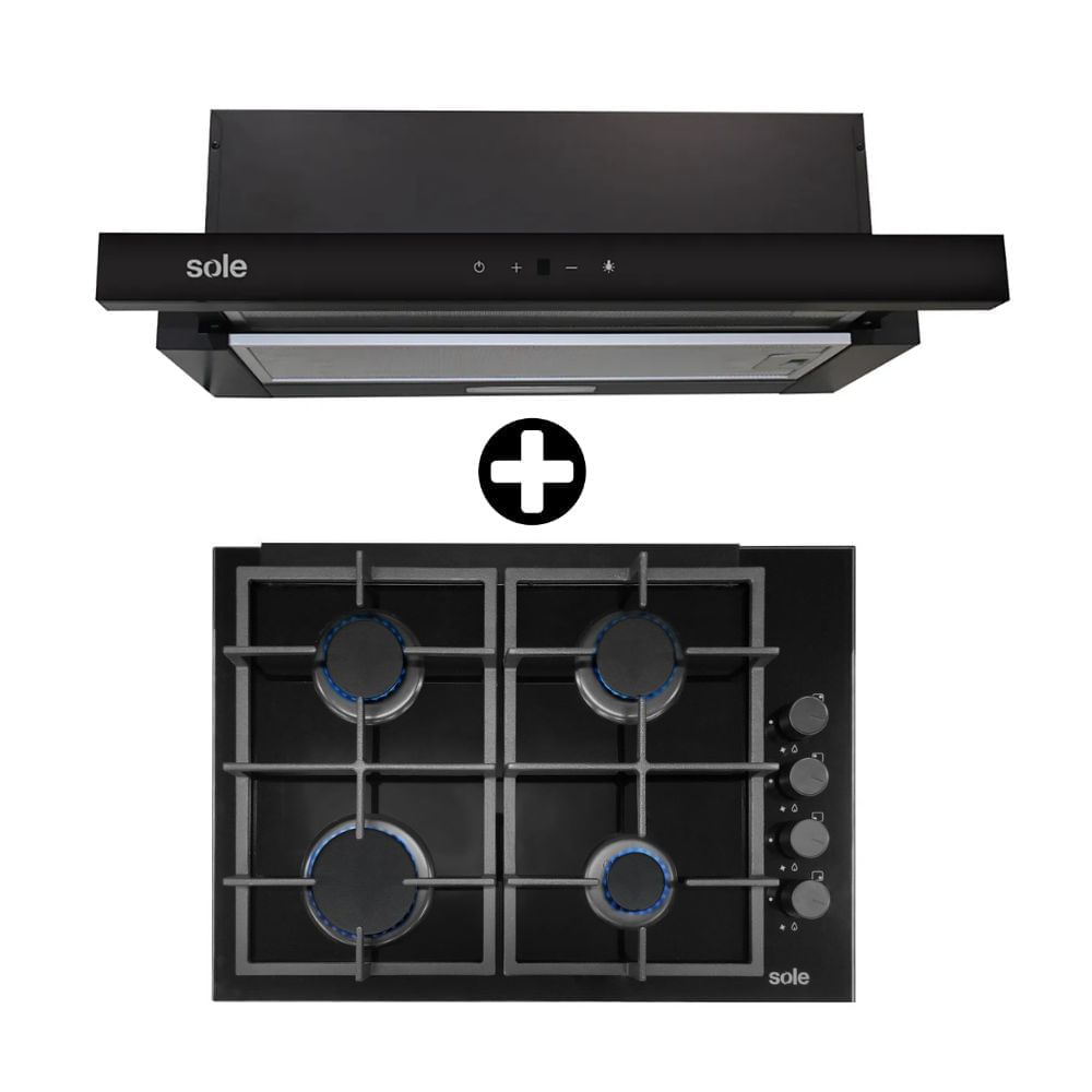 COMBO Encimera Vidrio Templado a Gas 4 Quemadores + Campana Extractora Spazio Bajo Mueble 60cm Sole