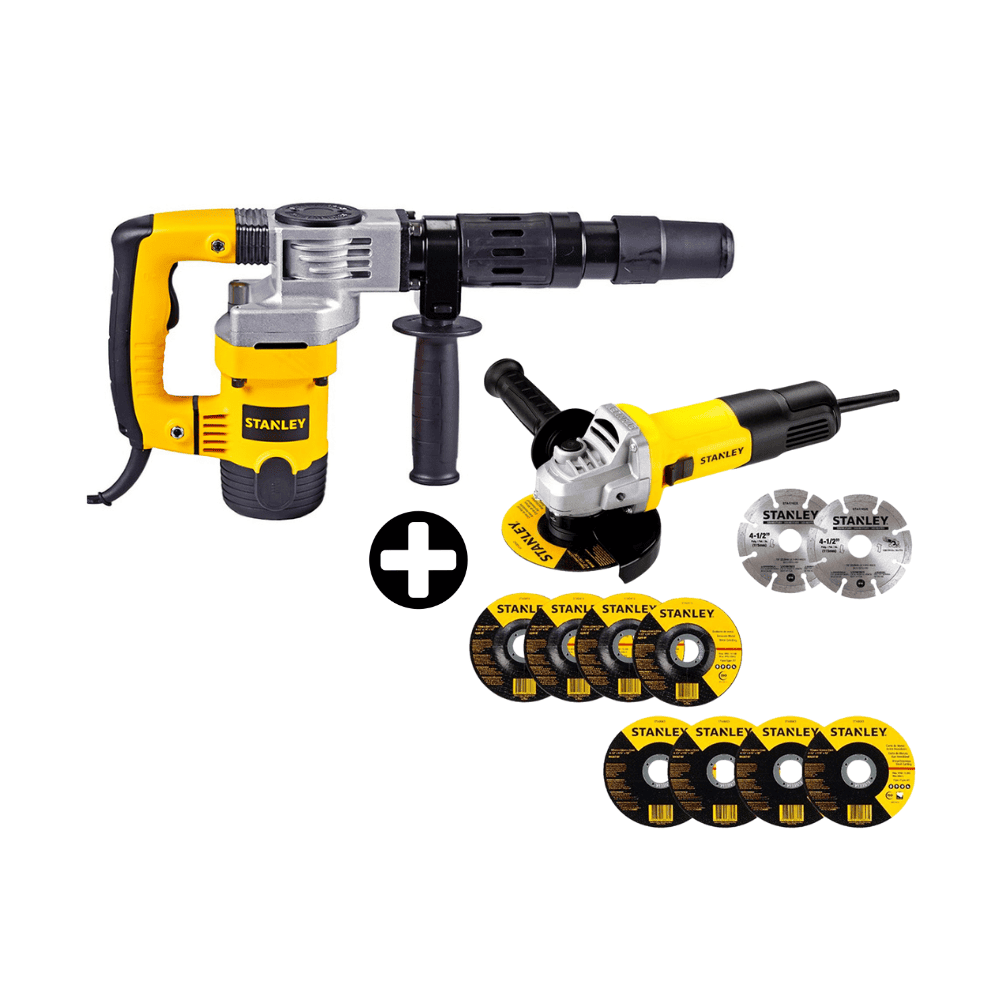 COMBO Martillo demoledor SDS Max 1010W 5K + Amoladora Angular 4-1/2" 750W + 10 Discos SG7115V10 Stanley