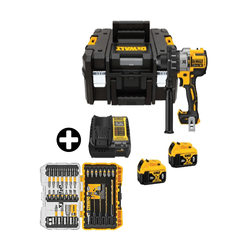COMBO Taladro Percutor 20v-3v Brushless + 2 Baterías 5Ah + Maleta + Set puntas para atornillador Maxfit 32 piezas Dewalt