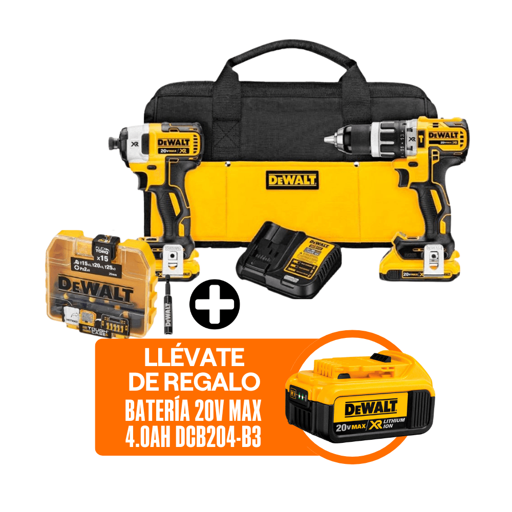 COMBO Dewalt Inalámbrico: Taladro Percutor Dcd796 1/2" + Atornillador de Impacto DCF 887 1/4" 20V + Bateria 4.0Ah 20V Max DCB204