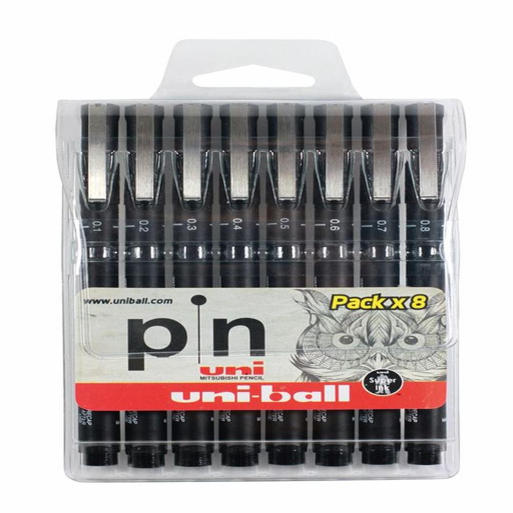 Uni Pin Estilógrafo Punta Fina Pack x 8 - Negro