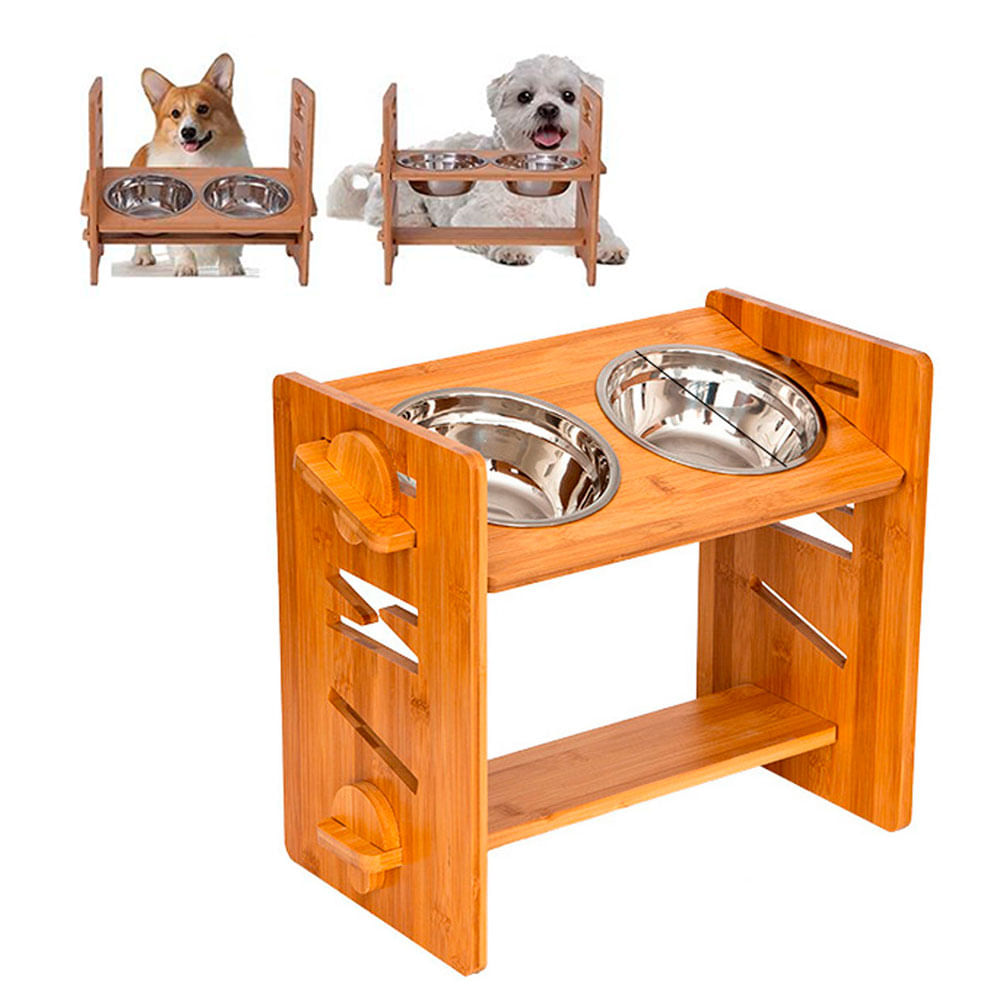 Plato Dobles Elevado de Madera Para Perros Medianos Plato Dobles Elevado de Madera Para Perros Medianos