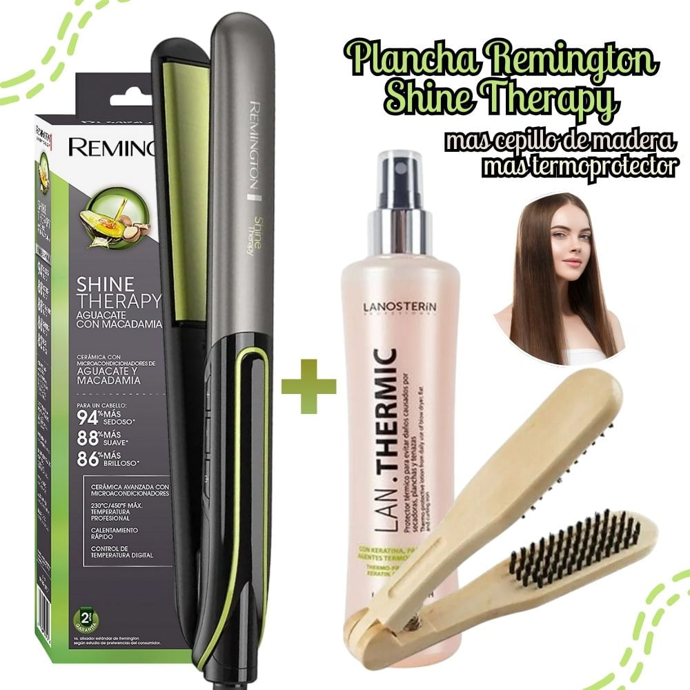 Tricombo plancha Alisadora Remington Shine Therapy S12A + spray + peine