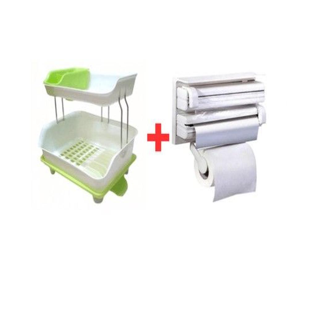 Escurridor para Platos 2 Niveles + Porta Papel Organizador Triple Rollo