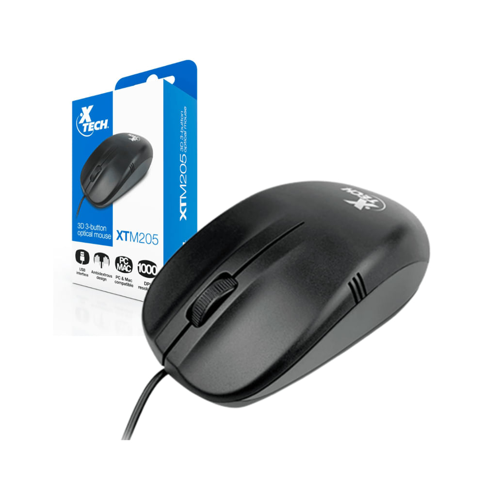 Mouse Xtech XTM-205 USB con cable, color negro, 3 botones y 1000 dpi para un control preciso