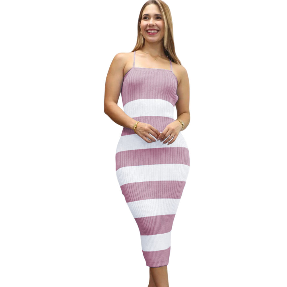Vestido Mujer Hilo Tacto Maxi Rayas 359G-25 Color Rosado