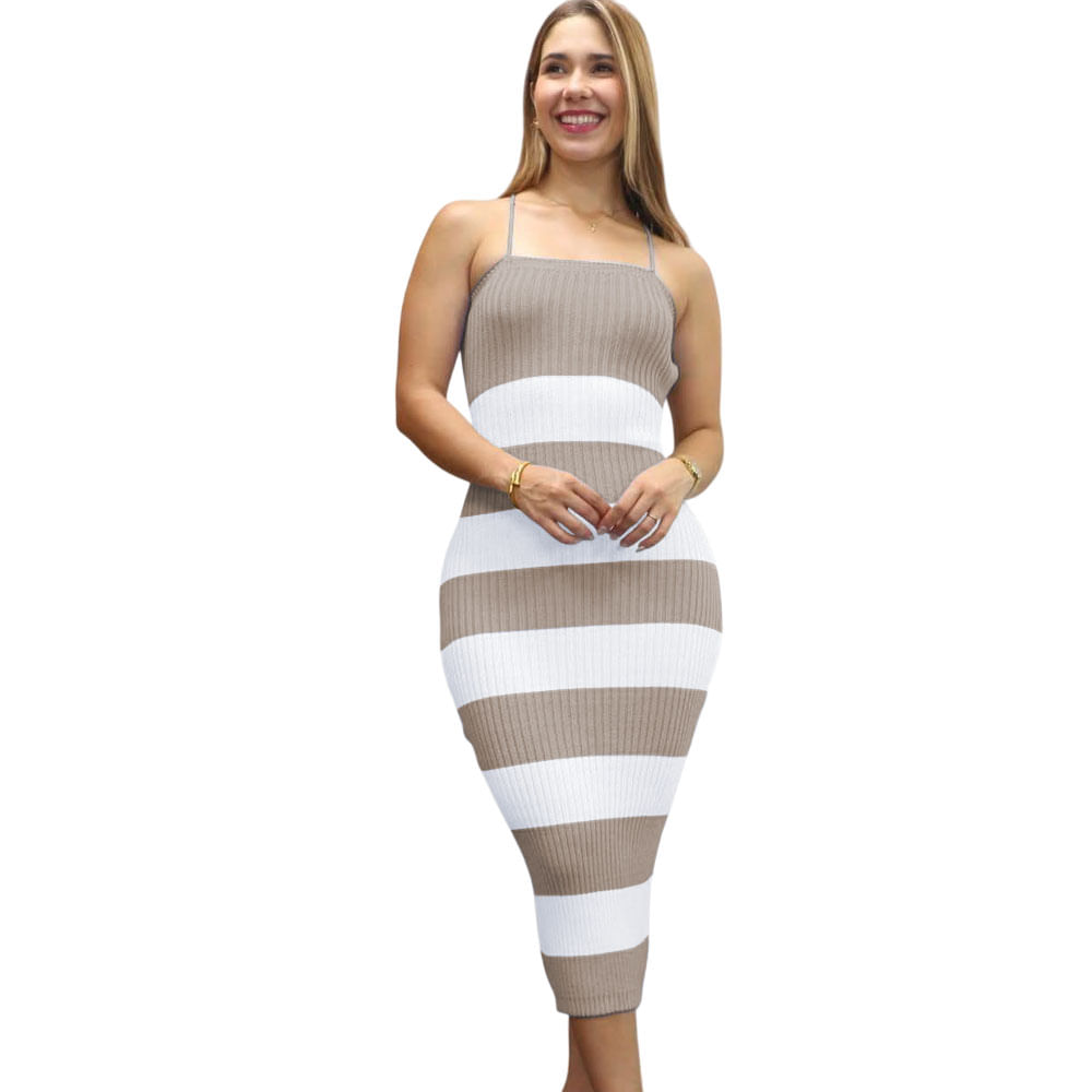 Vestido Mujer Hilo Tacto Maxi Rayas 359G-25 Color Crudo