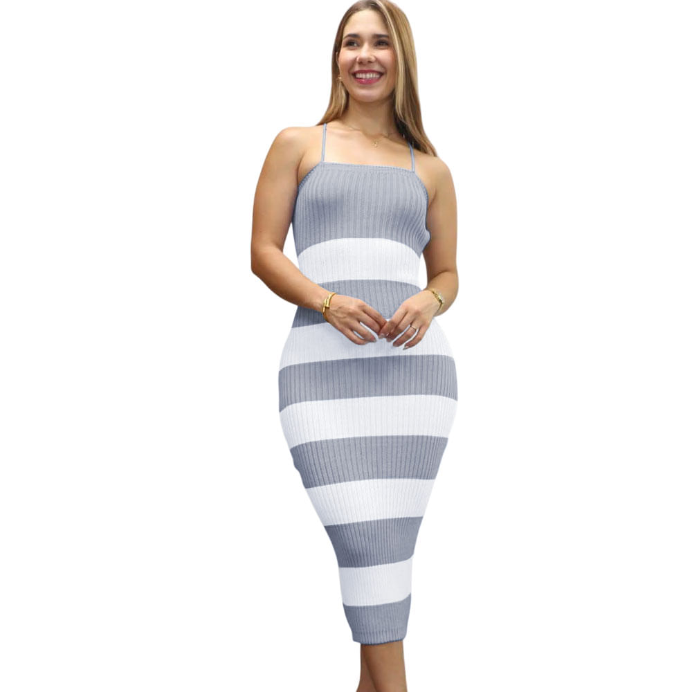 Vestido Mujer Hilo Tacto Maxi Rayas 359G-25 Color Gris