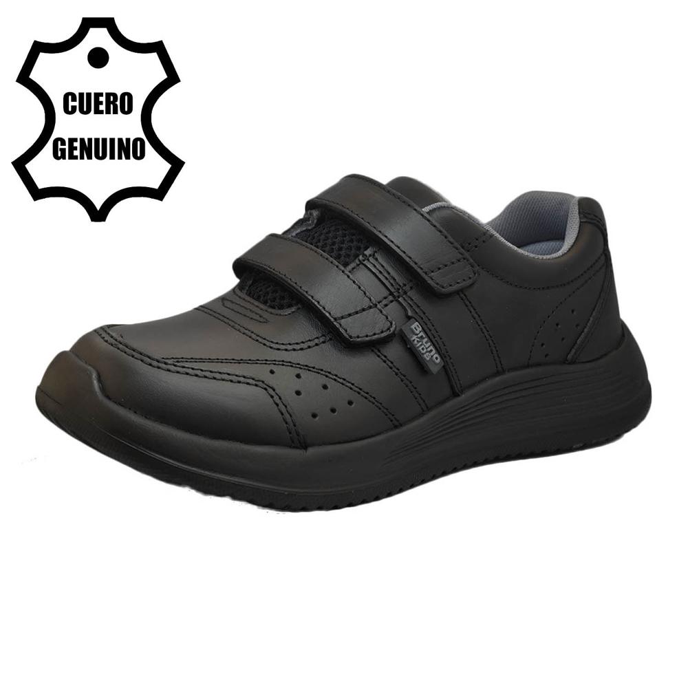 Zapatilla Escolar Bruno Kids Unisex de Cuero Negro con Velcro talla 32