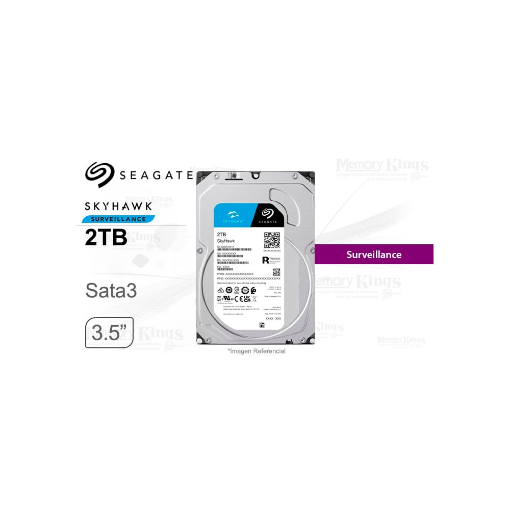 Disco duro interno Seagate SkyHawk 2 TB 3.5"" SATA 6Gb/s con búfer de 256 MB, ideal para vigilancia.