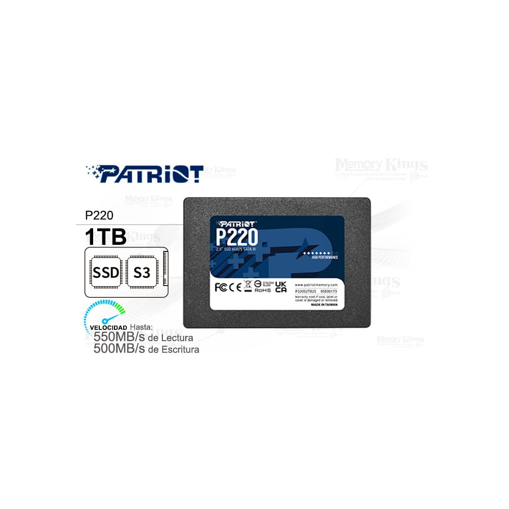 Disco Duro SSD Patriot P220 de 1TB, SATA III 6Gb/s, 2.5"", 7mm – Alta Velocidad y Rendimiento