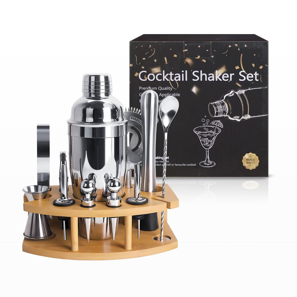 Set de Bar Premium Deluxe x 12 Piezas de Acero Inoxidable con Soporte Ovo-cuadrado de Bambú