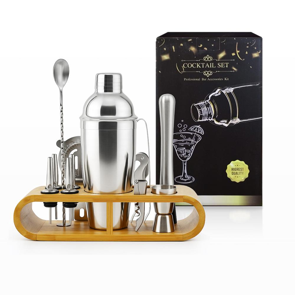 Set de Bar Profesional Deluxe x 12 Piezas de Acero Inoxidable con Soporte Ovo-rectangular de Bambú