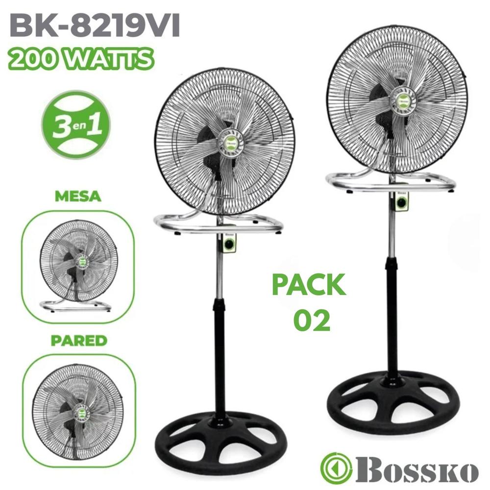 Pack 02 unidades Ventilador Bossko BK 8219 Negro 200 Watts, 3 en 1 Pedestal, Mesa y Pared