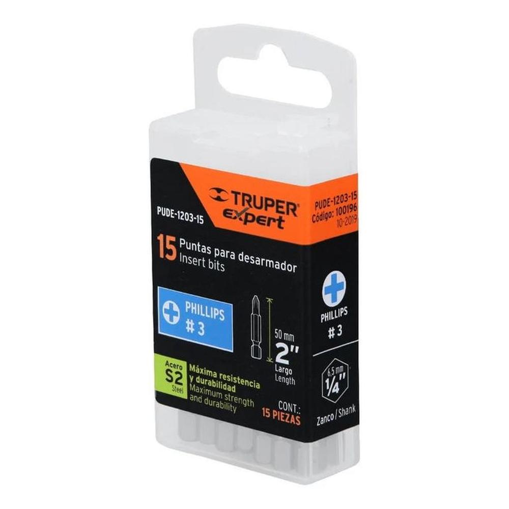 Estuche con 15 puntas de cruz PH2 largo 2 Truper - 100195