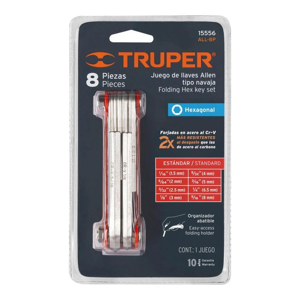 Juego de 8 llaves allen std tipo navaja cuerpo de lámina Truper - 15556