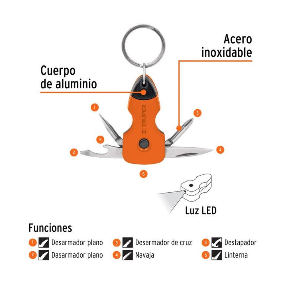 Multiherramienta con led tipo llavero 6 funciones Truper - 13336