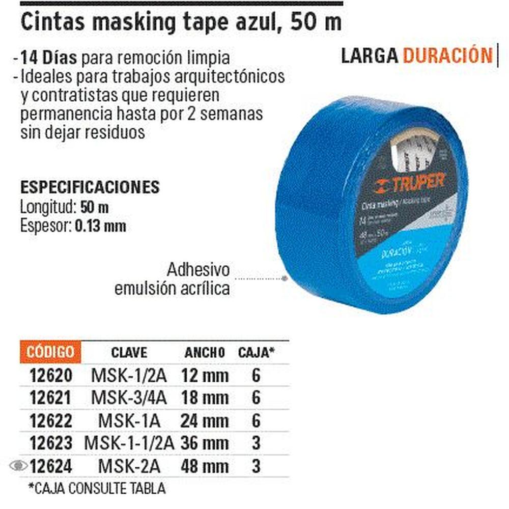 Cinta masking tape azul de 1 x 50 m Truper - 12622 CREMA