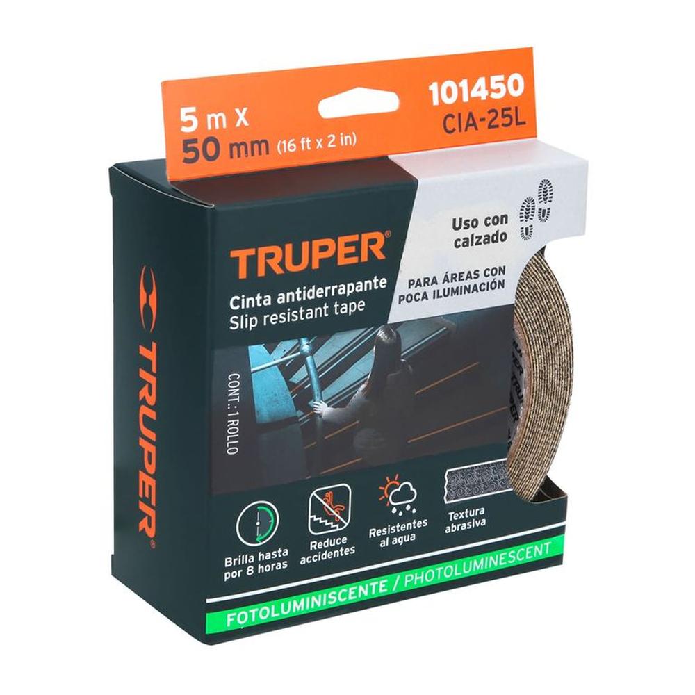Cinta antiderrapante fotoluminiscente 50 mm abrasivo Truper NEGRO