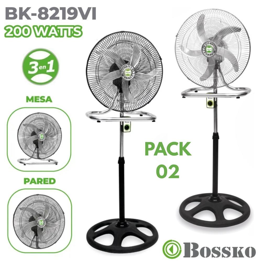 Pack 02 unidades Ventilador Bossko BK 8219 200 Watts, 3 en 1 Pedestal, Mesa y Pared Color Aleatorio