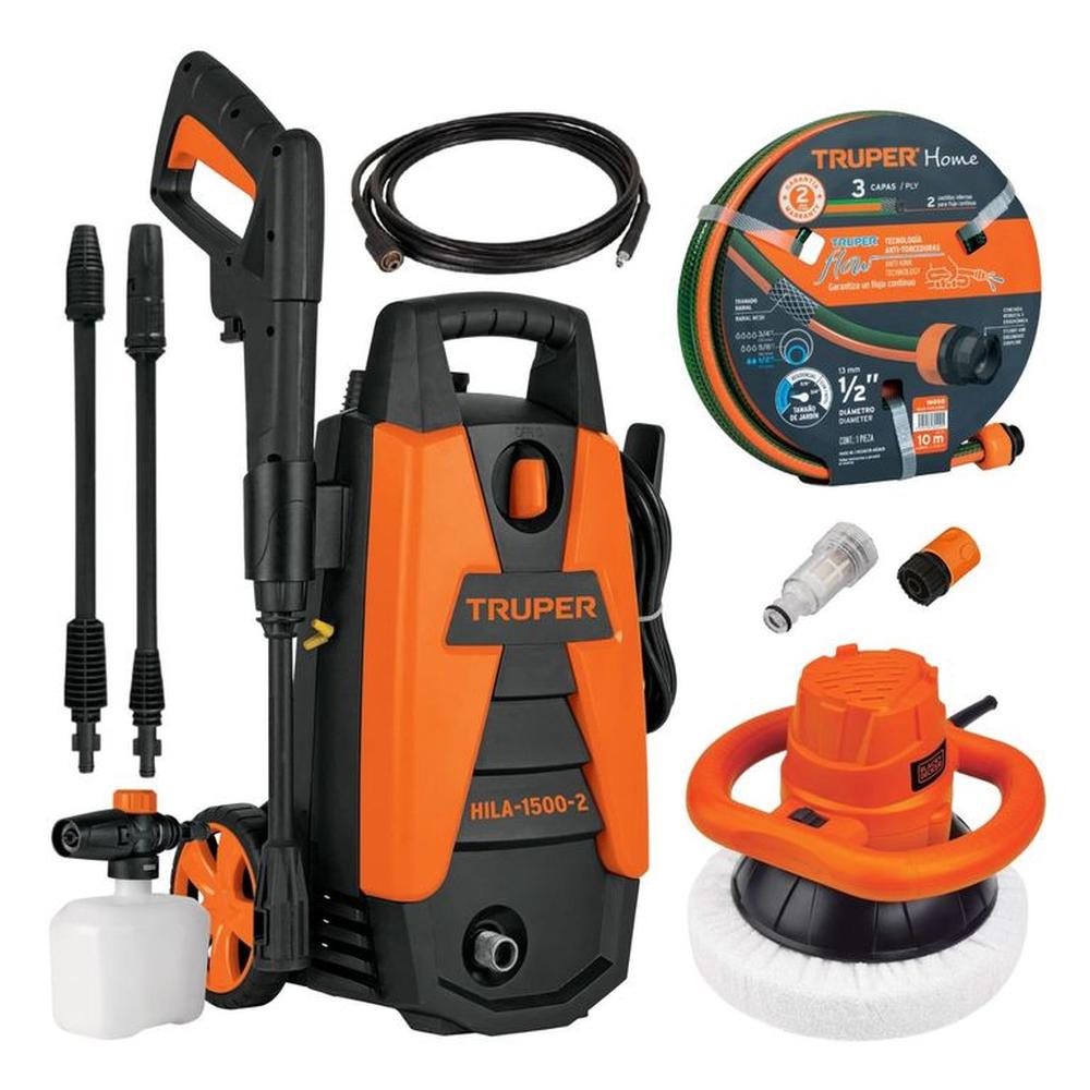 Hidrolavadora 1500 psi Truper + pulidora orbital Black & Decker 102095-16050-KP12K-B2