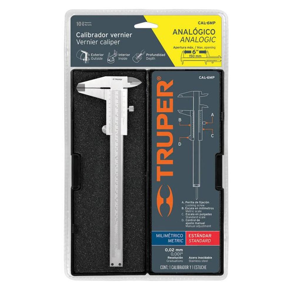 Calibrador pie de rey analógico 6 acero inox std y mm Truper - 14394