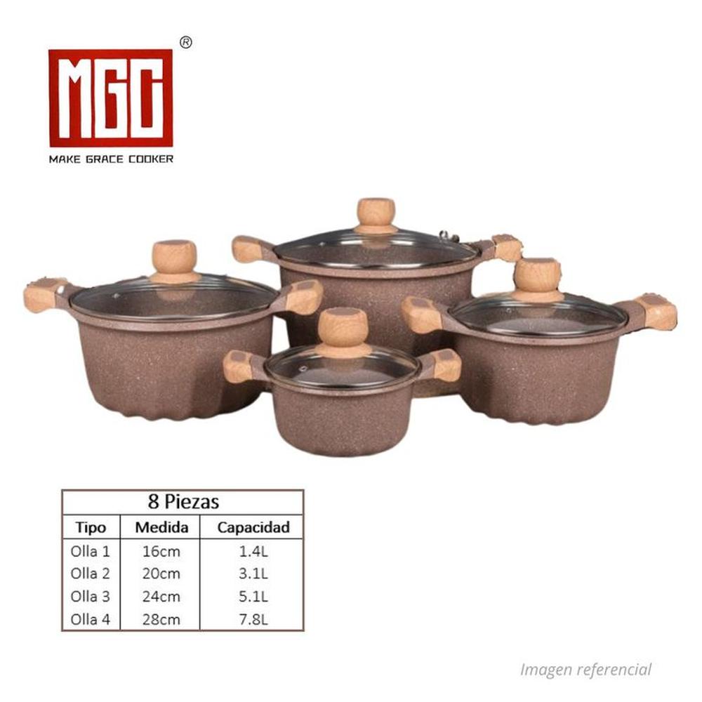 JUEGO DE OLLAS MGC DE 8 PIEZAS ROCA VOLCANICA CAFE