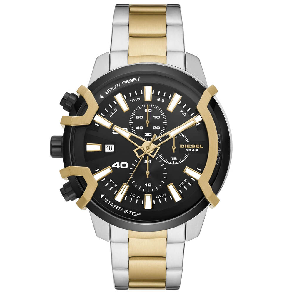 Reloj Diesel Griffed DZ4577 Fecha Cronómetro Acero Inoxidable Plateado Dorado Dial Negro
