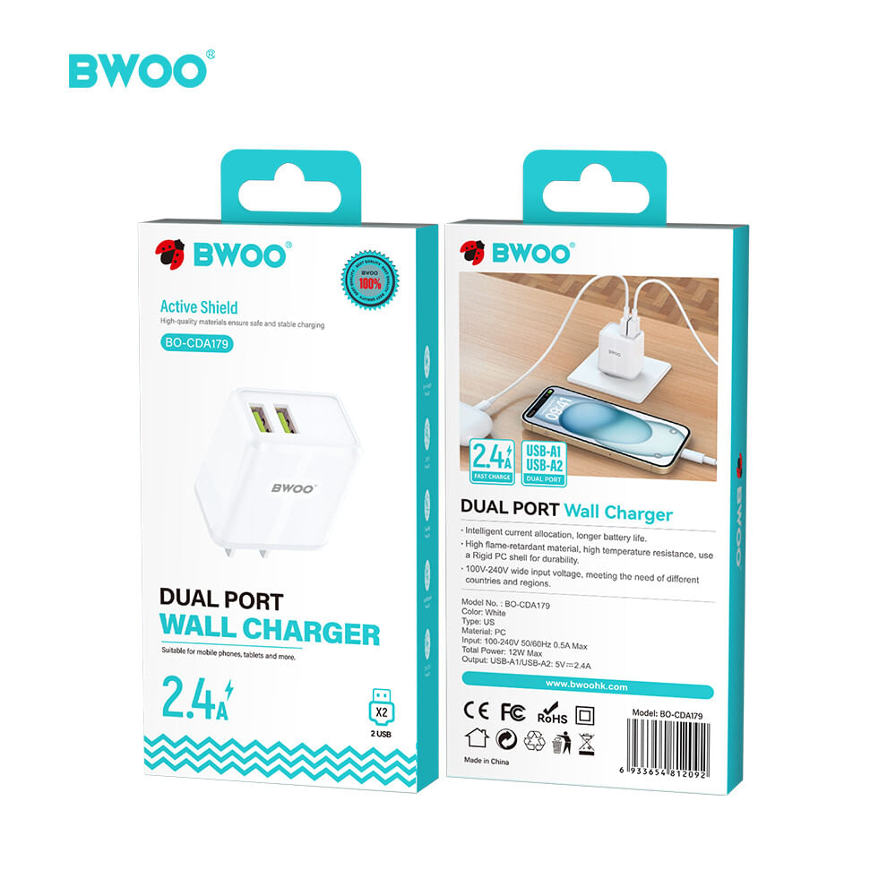 CARGADOR DE PARED DUAL ESTÁNDAR 02 USB 3.0 iOS ANDROID CDA179 BWOO
