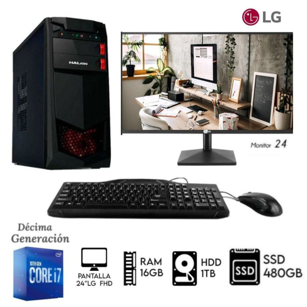 Computadora Pc Intel Core i7-10TH Ram 16GB Disco HDD 1TB SSD 480GB Monitor 24FHD