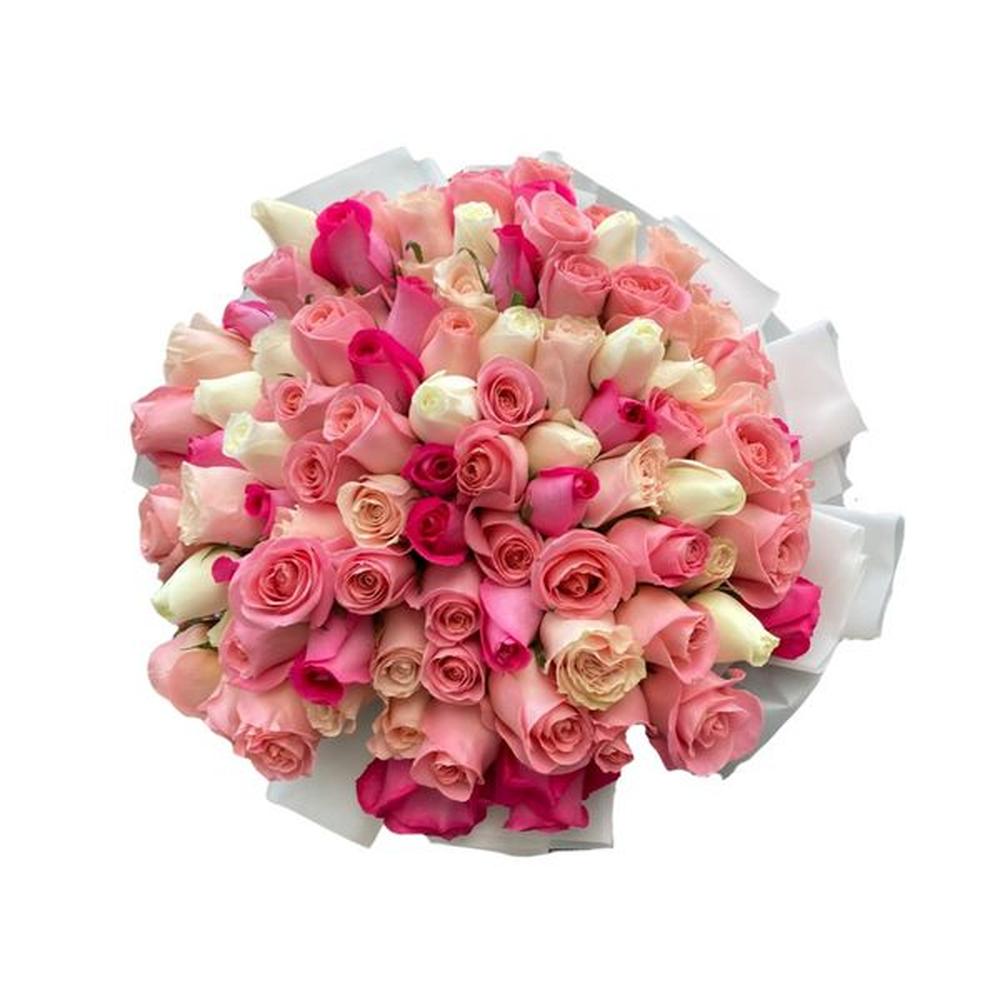Ramo buchon de 100 rosas rosadas blancas y fucsias - Ramo de flores
