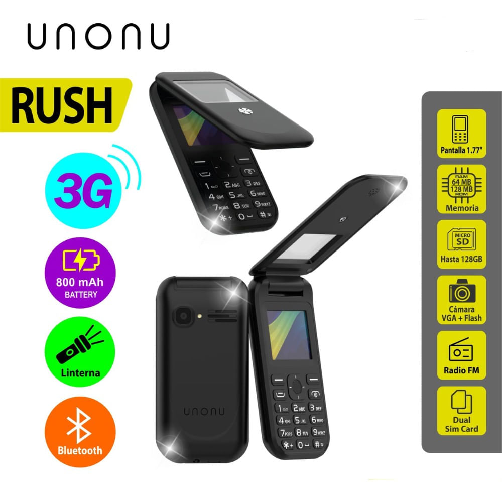 Celular Unonu Rush Tapa 3G, Pantalla de 1.77"",Bateria 1000 mAh, Radio FM