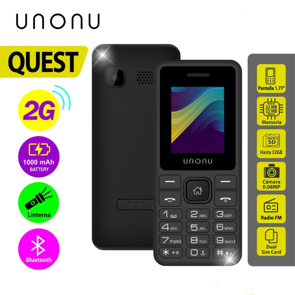 Celular Unonu Quest 2G, Pantalla de 1.77"",Bateria 800 mAh, Radio FM