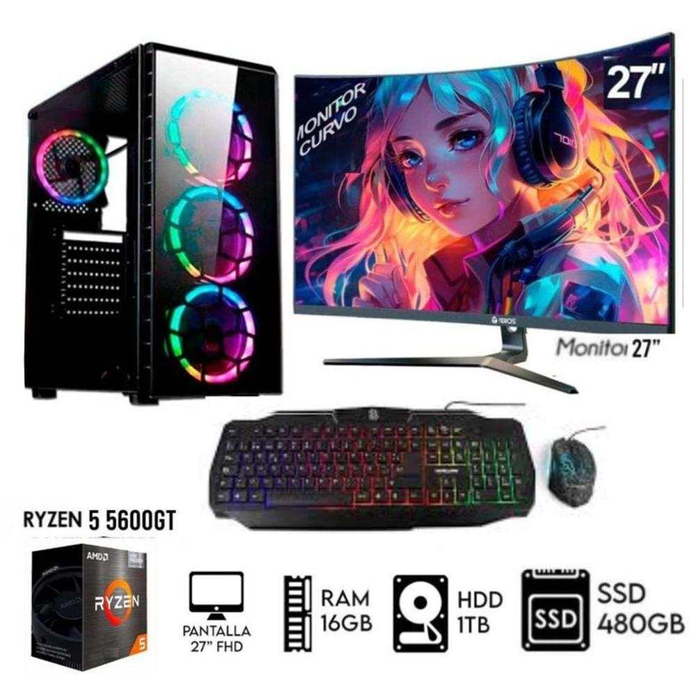 Computadora PC GAMER RYZEN 5 5600GT RAM 16GB DISCO 1TB SSD 480GB MONITOR 27 FHD