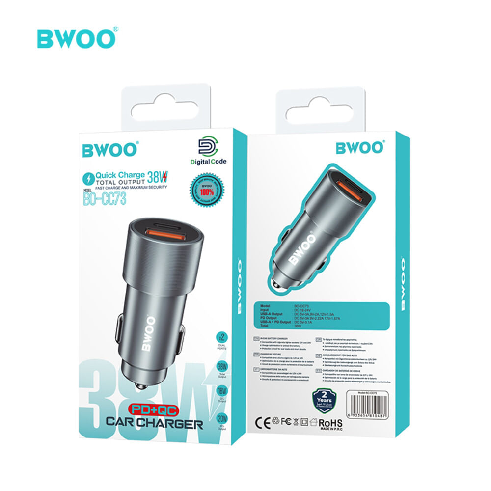 CARGADOR DE COCHE 38W SALIDA USB-A.PD CC 5 V-3.1 A TIPO C A USB BO-CC73 BWOO