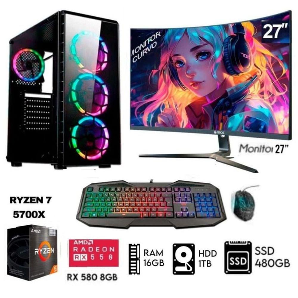 Computadora PC GAMER Ryzen 7-5700X  Ram16GB Disco HDD 1TB  SSD 480GB   RX 580 8GB  m27