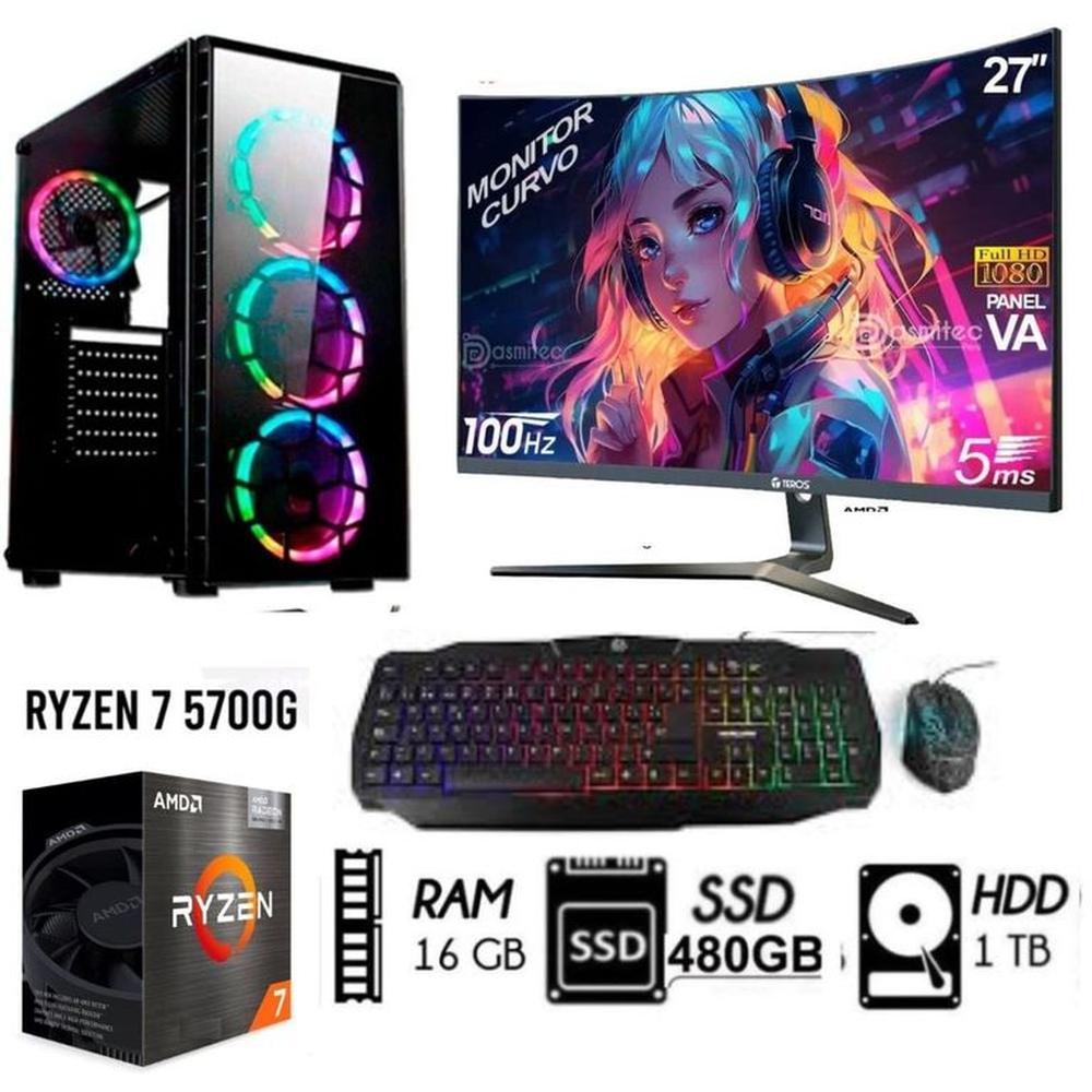Computadora PC GAMER RYZEN 7-5700G  Ram 16GB  Disco HDD 1TB  SSD 480GB  Monitor 27FHD
