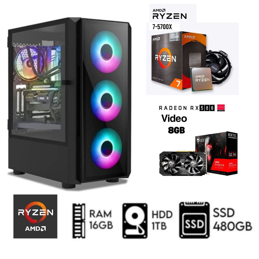 Computadora PC GAMER Ryzen 7-5700X Ram 16GB  DISCO HDD 1TB   SSD 480GB  RX 580 8GB
