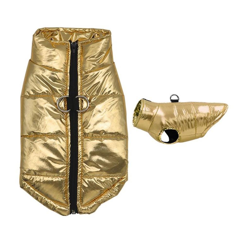 CHALECO MASCOTA MODA DORADA IMPERMEABLE ELEGANTE Y SEGURO TALLA M