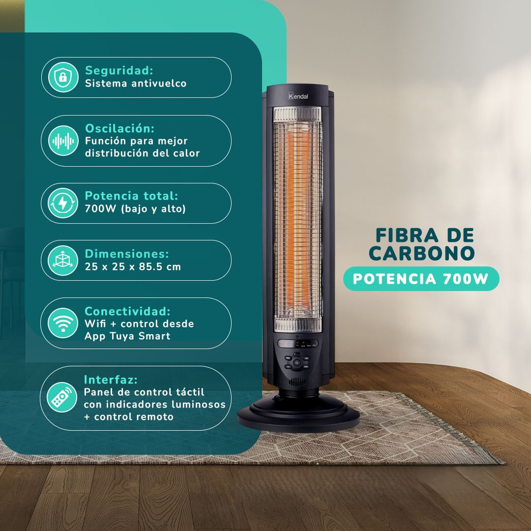 Estufa Eléctrica Fibra Carbono Kendal WIFI Potencia 700w Cobertura 14m2 Oscilante